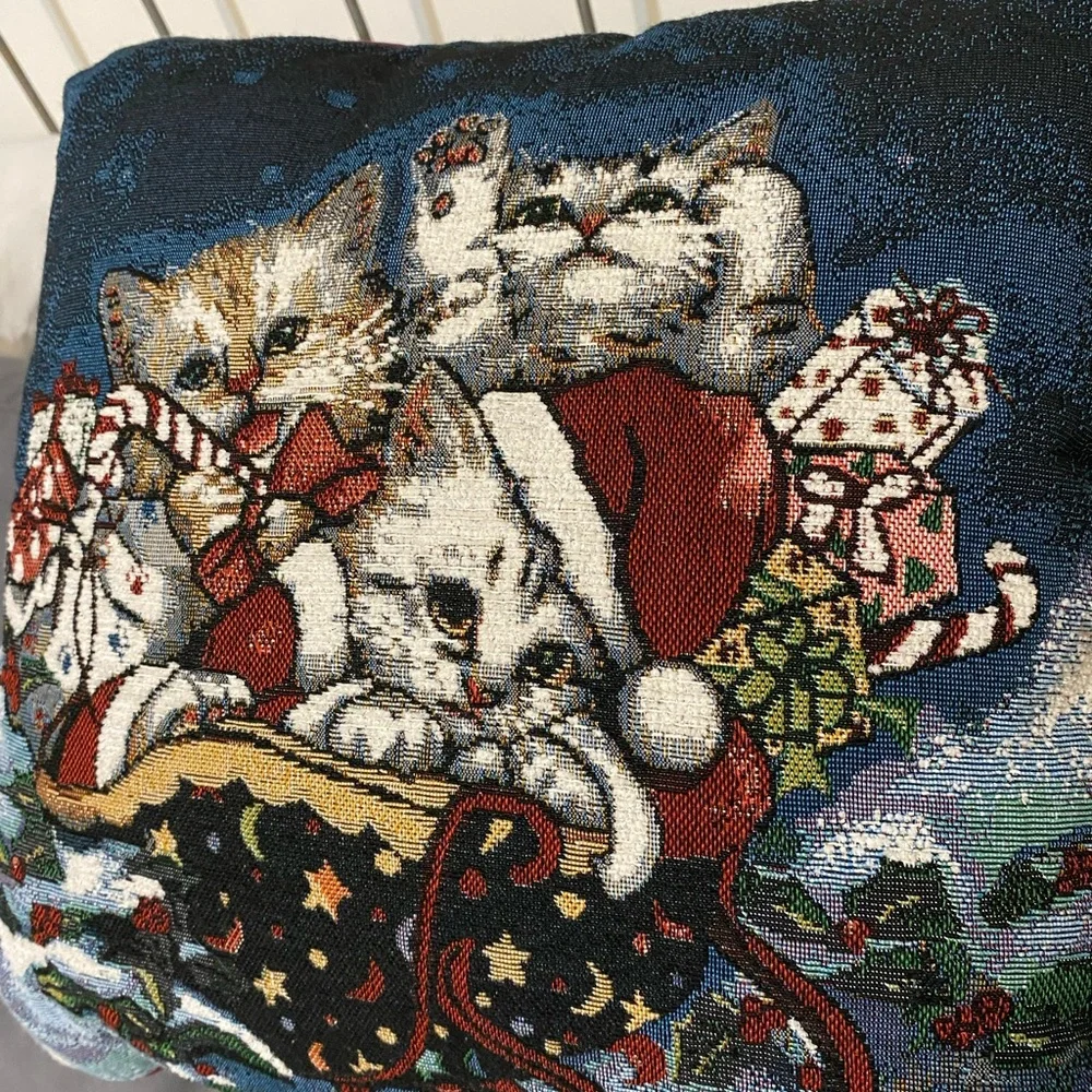 Adorable Christmas Kittens Pillow with Silver Sparkle Throughout 16”x16” Square